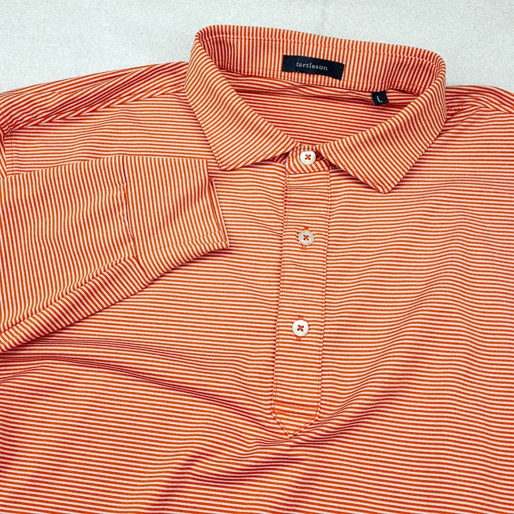 Turtleson Polo Shirt Mens L Orange Striped Long Sleeve Performance Stretch Golf